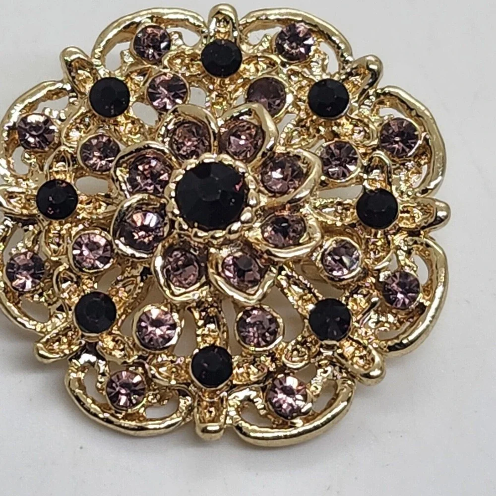 GOLD FLOWER BOUQUET BROOCH PURPLE DIAMANTE CRYSTAL WEDDING PARTY PIN‎ BROOCH